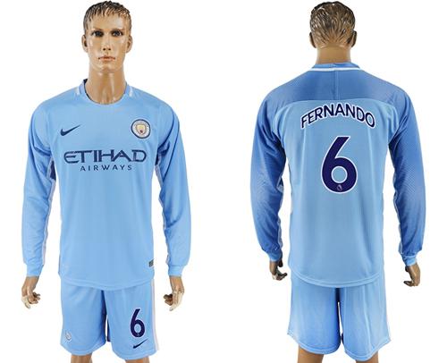Manchester City #6 Fernando Home Long Sleeves Soccer Club Jersey